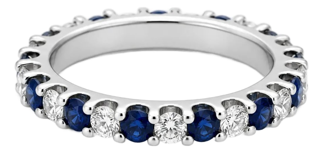 14k White Gold Ring Sapphires Eternity Band, Size 6: 14k white gold eternity band ring with 1.80 carats of blue round sapphires and 1.30 carats of white round diamonds. 3.85g, Size 6 Condition: Alterations: Original Condition Unaltered Imperfections:
