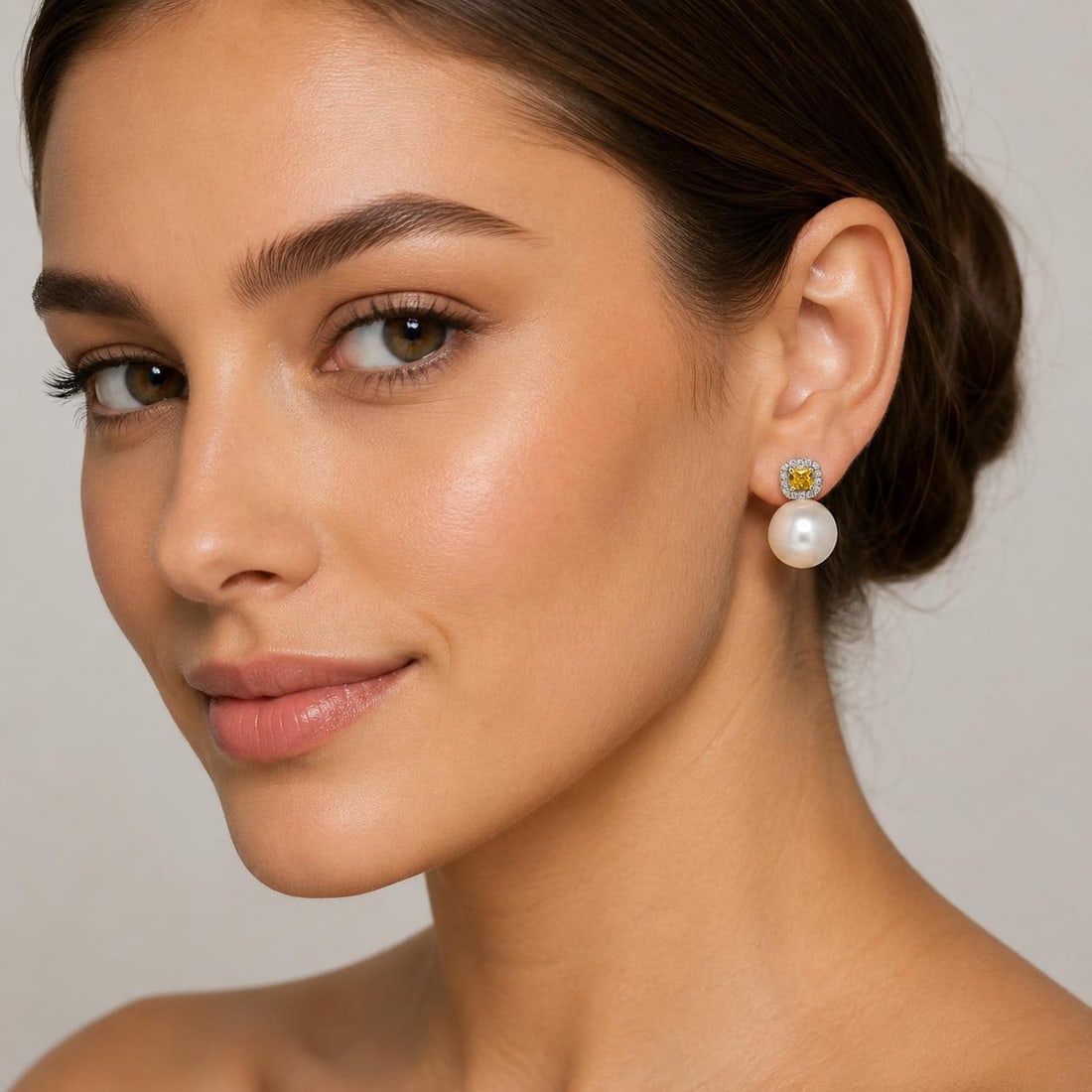 18k South Sea Pearl & Yellow DIamond Earrings, A Pair - 2