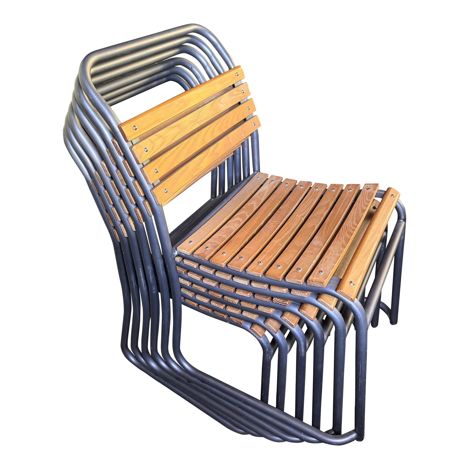 Vintage Stacking Wood and Metal Chairs Set of 6 From Retired Restoration Hardware Collection: Really cool stacking chairs from a sought-after Restoration Hardware retired collection. Great condition. Very comfortable. And stowing them away is a breeze with their stacking feature. Condition: