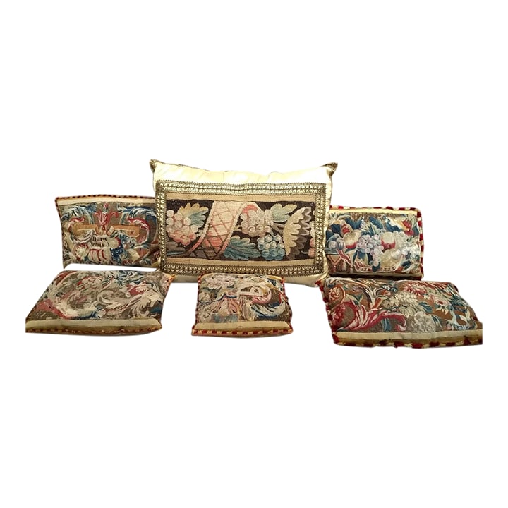 Antique Aubusson Tapestry Pillow Collection, 18th-Century Handwoven French Aubusson Tapestry: An extraordinary set of six decorative pillows crafted from authentic Aubusson tapestries woven in France during the early to mid-1700s "” among the rarest and most historically significant