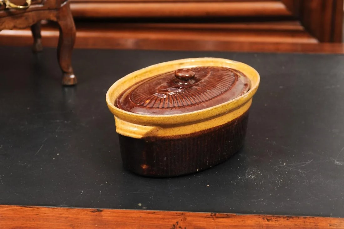 Rustic French 19th Century Covered Pâté Terrine with Brown and Gold Glaze - 10
