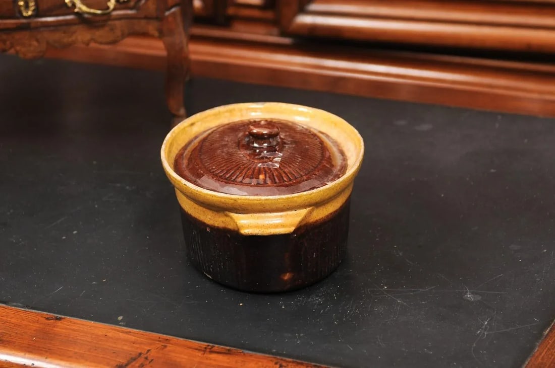Rustic French 19th Century Covered Pâté Terrine with Brown and Gold Glaze - 11