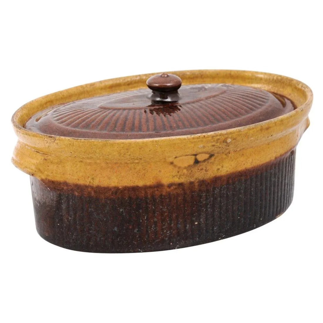 Rustic French 19th Century Covered Pâté Terrine with Brown and Gold Glaze - 12