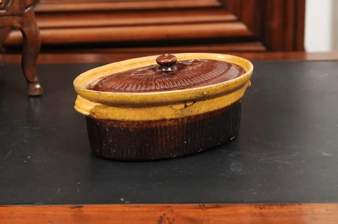 Rustic French 19th Century Covered Pâté Terrine with Brown and Gold Glaze - 2