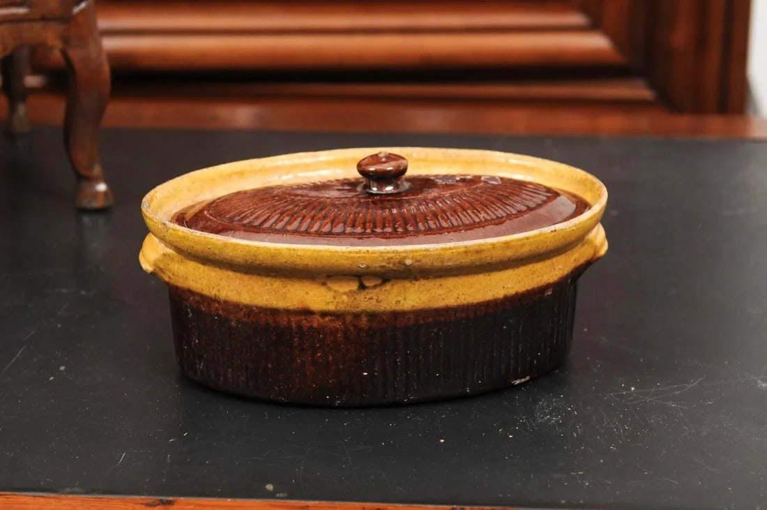 Rustic French 19th Century Covered Pâté Terrine with Brown and Gold Glaze - 3