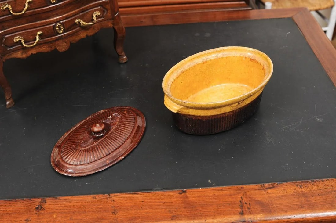 Rustic French 19th Century Covered Pâté Terrine with Brown and Gold Glaze - 5