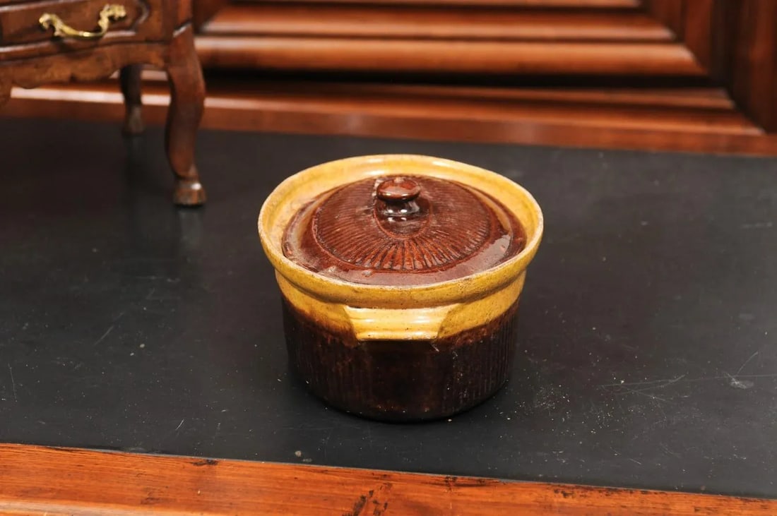 Rustic French 19th Century Covered Pâté Terrine with Brown and Gold Glaze - 7