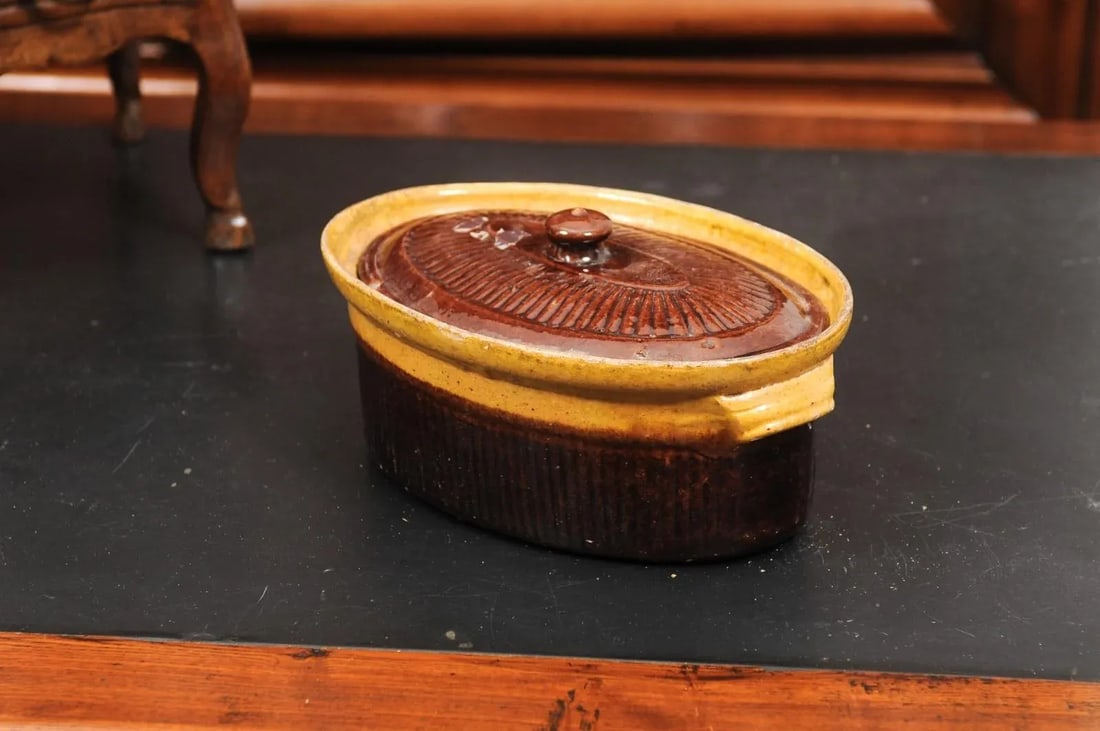 Rustic French 19th Century Covered Pâté Terrine with Brown and Gold Glaze - 8