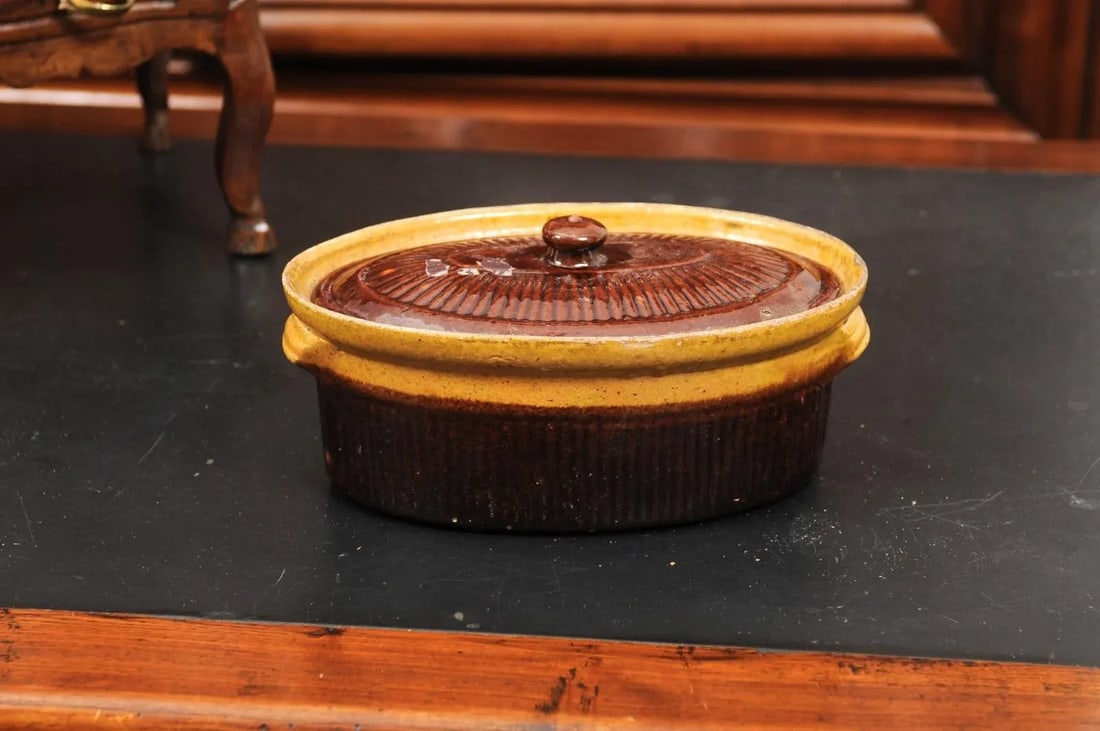 Rustic French 19th Century Covered Pâté Terrine with Brown and Gold Glaze - 9