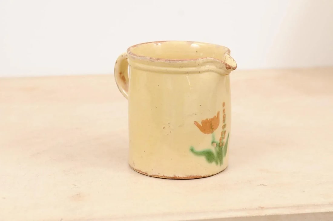 French 19th Century Cream Glazed Terracotta Pitcher with Floral Décor - 2