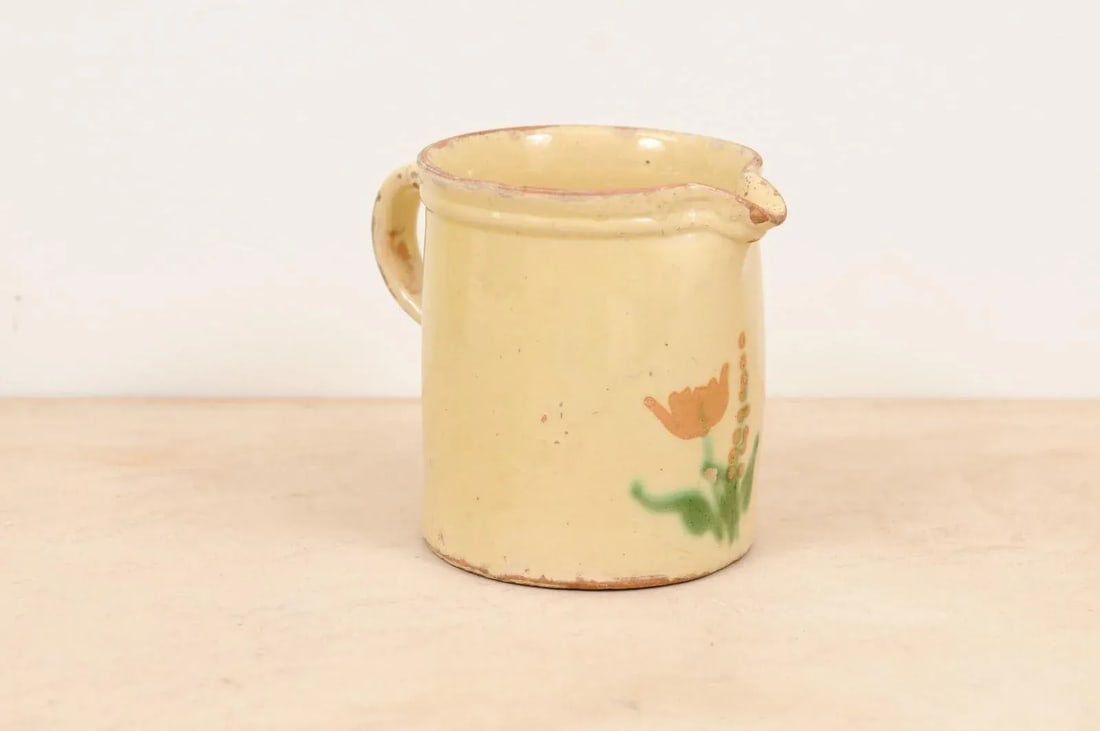 French 19th Century Cream Glazed Terracotta Pitcher with Floral Décor - 3