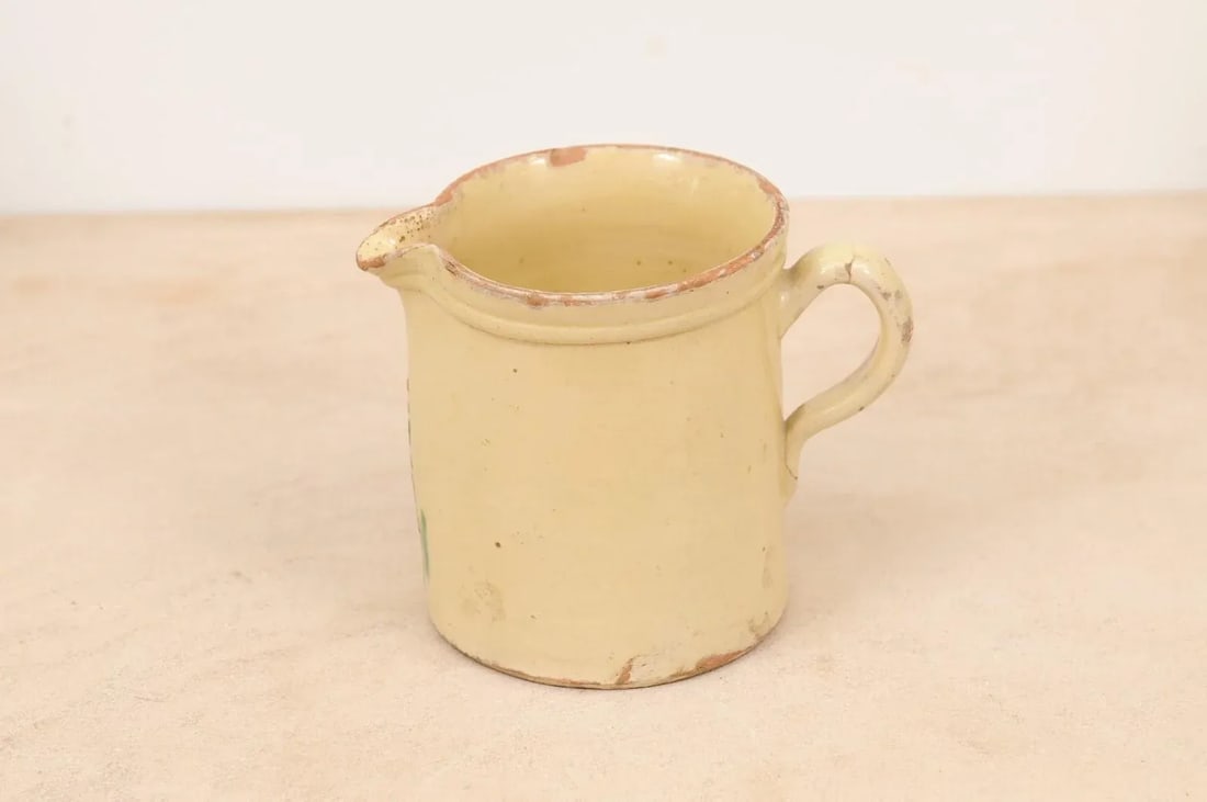 French 19th Century Cream Glazed Terracotta Pitcher with Floral Décor - 7