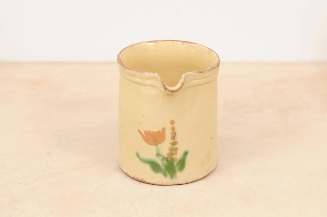 French 19th Century Cream Glazed Terracotta Pitcher with Floral Décor - 9
