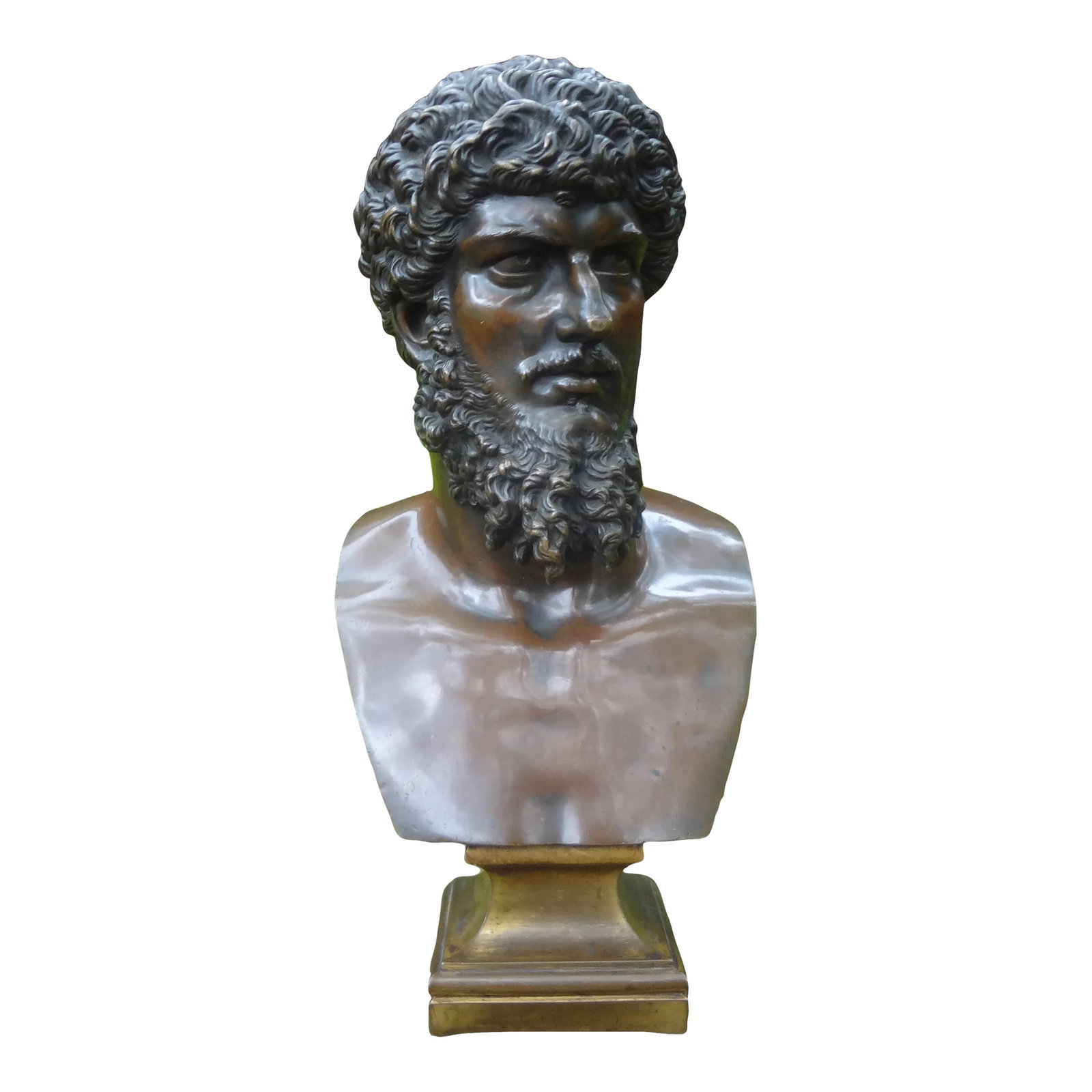 19th Century French Bronze Bust Sculpture of Emperor Lucius Varus: 19th Century French Bronze Bust Sculpture Of Emperor Lucius Varus. This Handsome Greco Roman Bronze Bust Of Zeus Is In The Manner Of F. Bardedienne. Condition: Alterations: Original Condition Unaltere