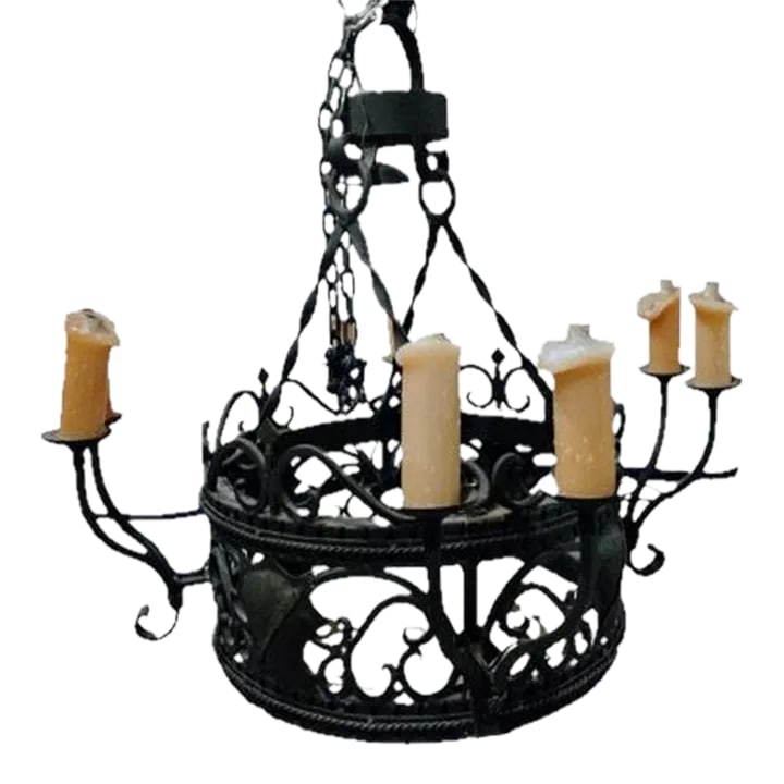 1940s Gothic Medieval Wrought Iron Eight Candle Chandelier: Stunning, Gothic/Medieval wrought Iron, eight candle chandelier. Don't miss picture of it shown hung in home. Approx: 35" tall, 55" with chain, 39" circumference with just the base, including candles 