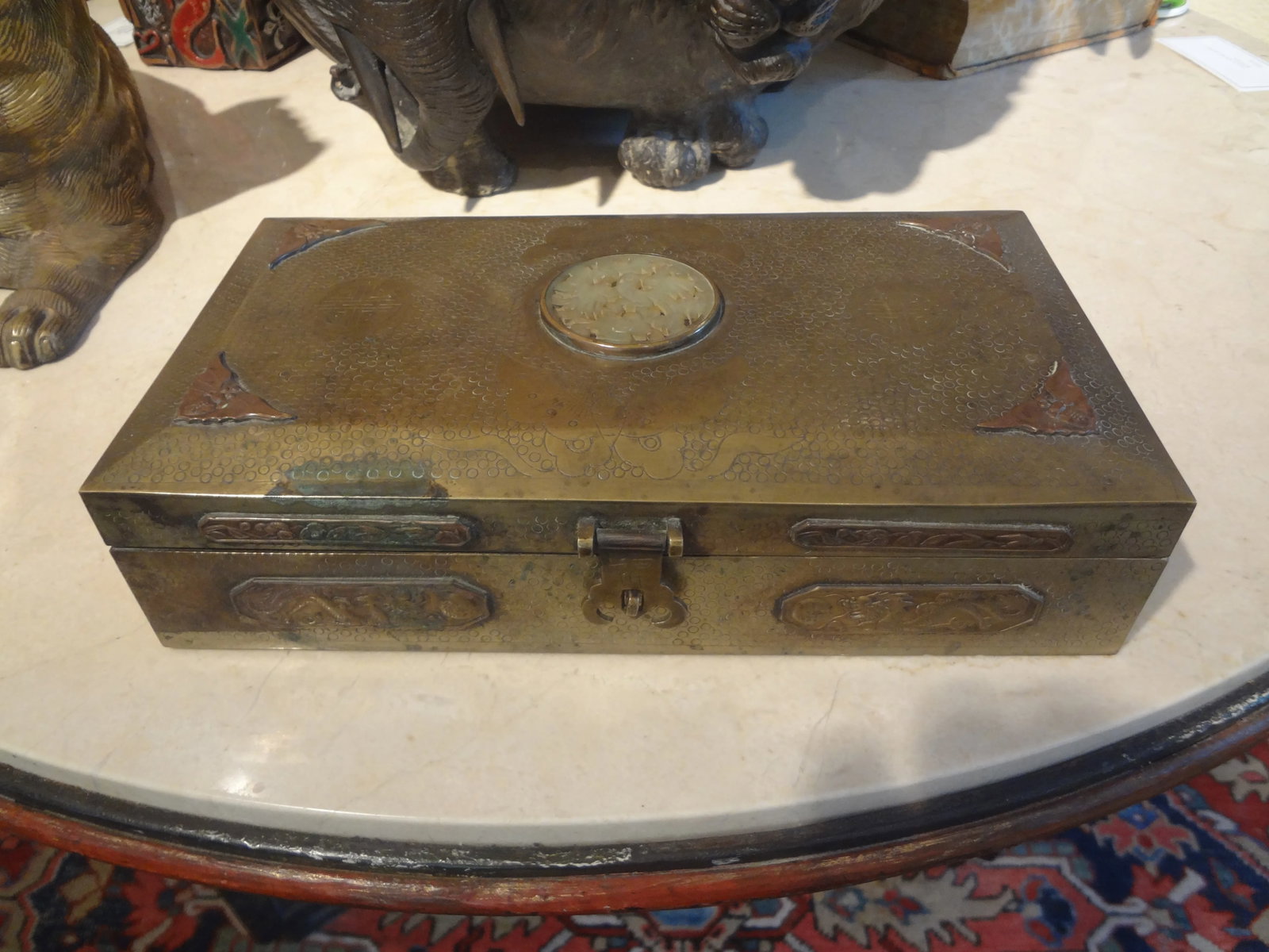 Antique Chinese Brass Decorative Box With Jade Medallion - 3