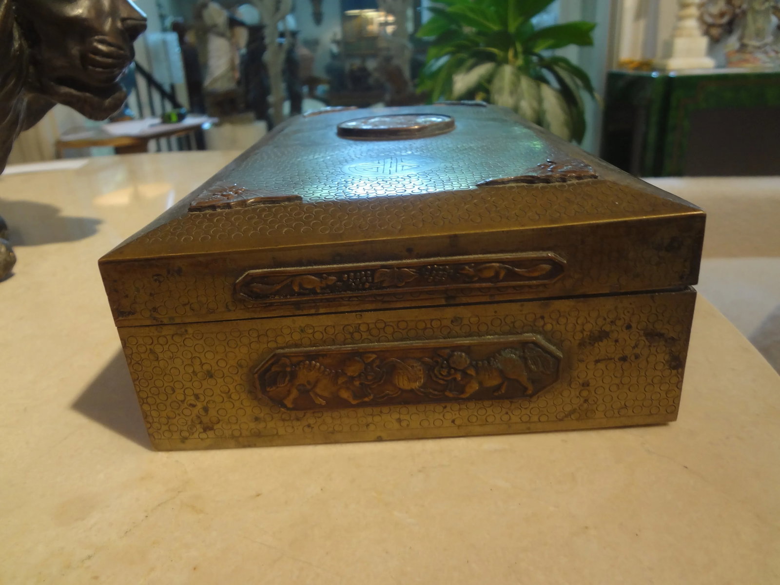 Antique Chinese Brass Decorative Box With Jade Medallion - 4