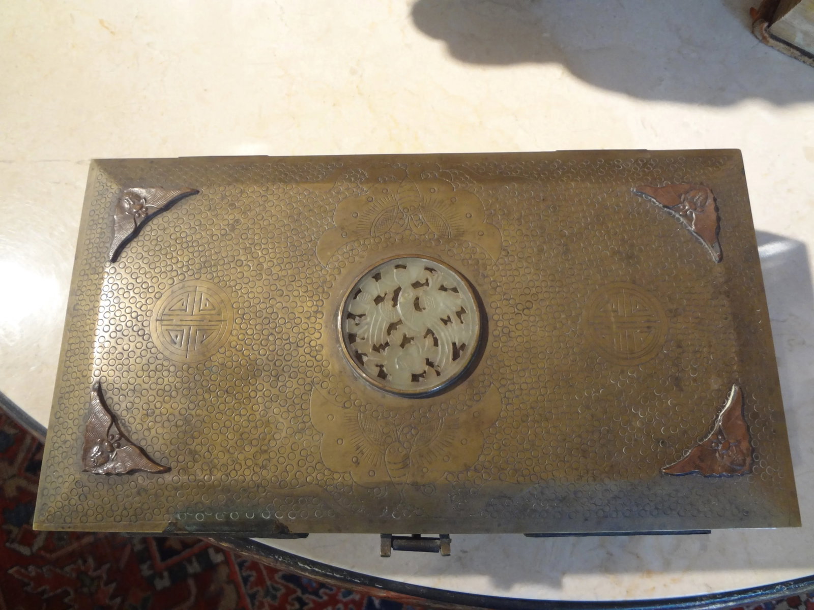 Antique Chinese Brass Decorative Box With Jade Medallion - 5