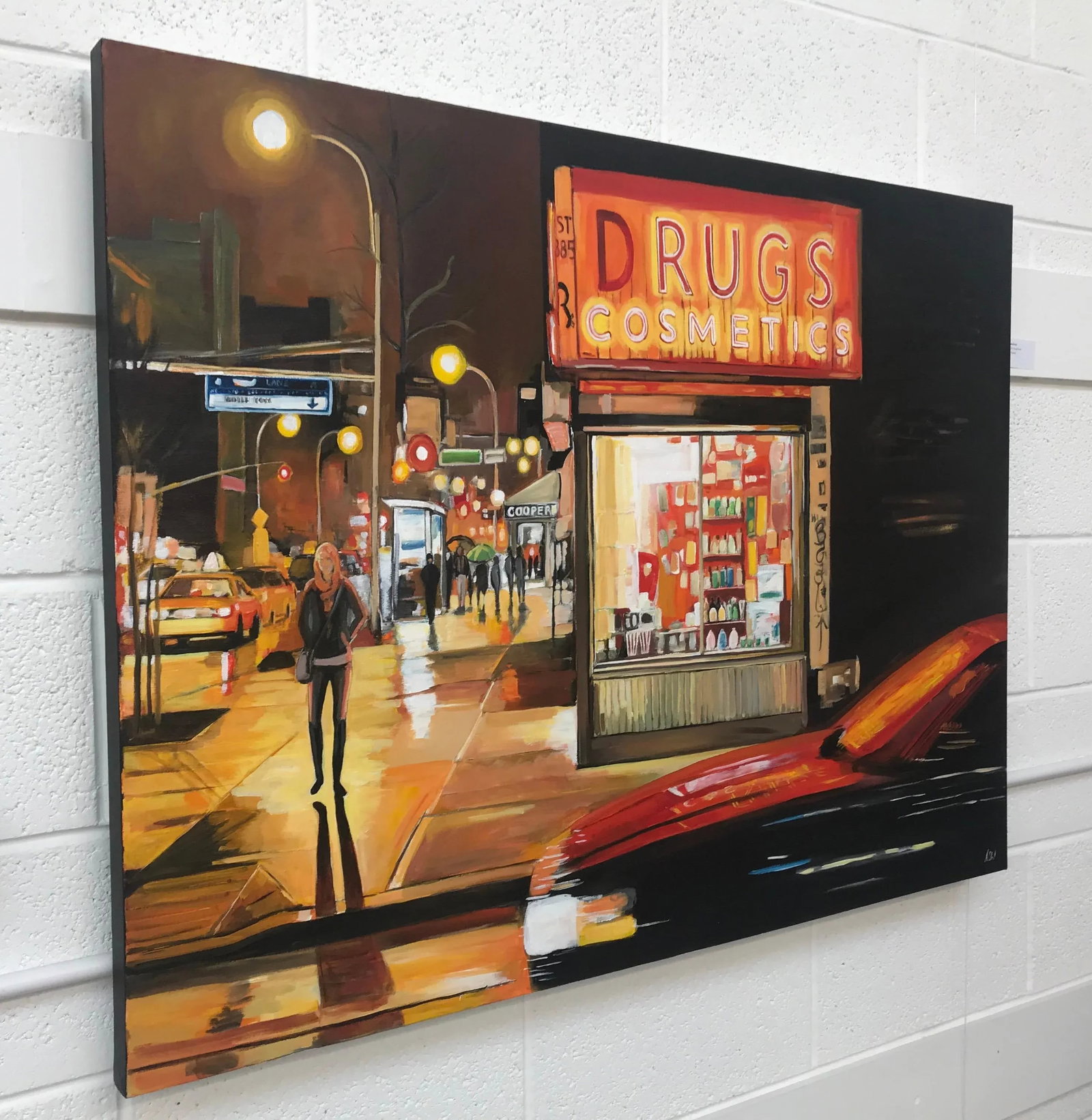 New York City Street Corner Painting With Female Figure at Night by Leading British Urban Landscape - 2
