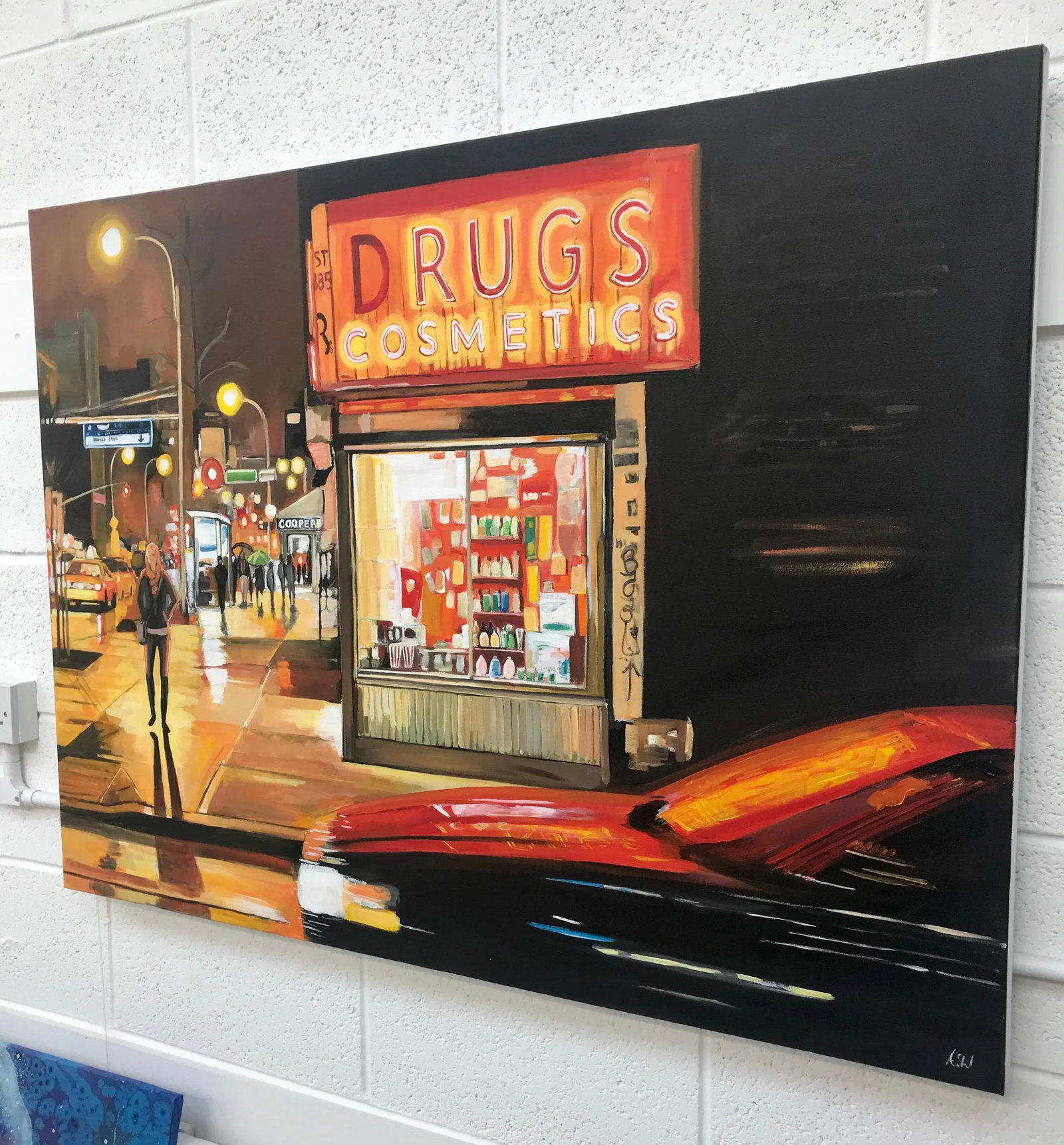 New York City Street Corner Painting With Female Figure at Night by Leading British Urban Landscape - 4