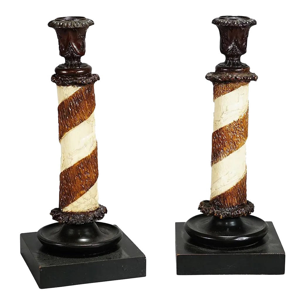 Pair of Victorian Antler Candle Holders With Fine Carvings, Germany Ca. 1880: Pair of Victorian Antler Candle Holders with Fine Carvings, Germany ca. 1880 A pair of Victorian candle holders, made of ebonized wood and horns from the deer. Each features an ondulating carved relie