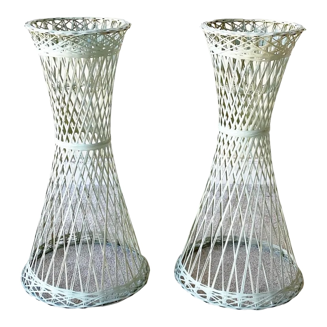 Mid Century Modern Russell Woodard Spun Fiberglass Plant Stands - a Pair: Excellent pair of mid century modern Russell Woodard spun fiber glass plant stands. Displays a tantalizing hourglass shape with a minty green finish. Condition: Alterations: Original Condition