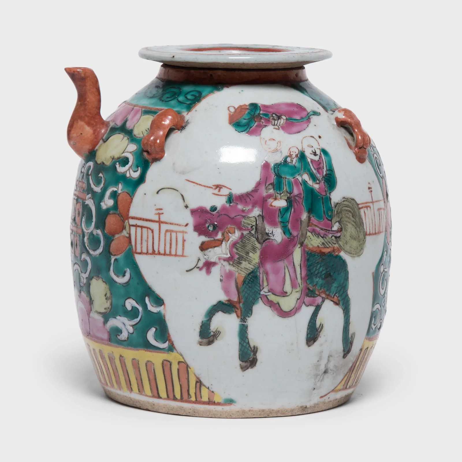 Antique Chinese Enamelware Teapot With Mythical Qilin - 11