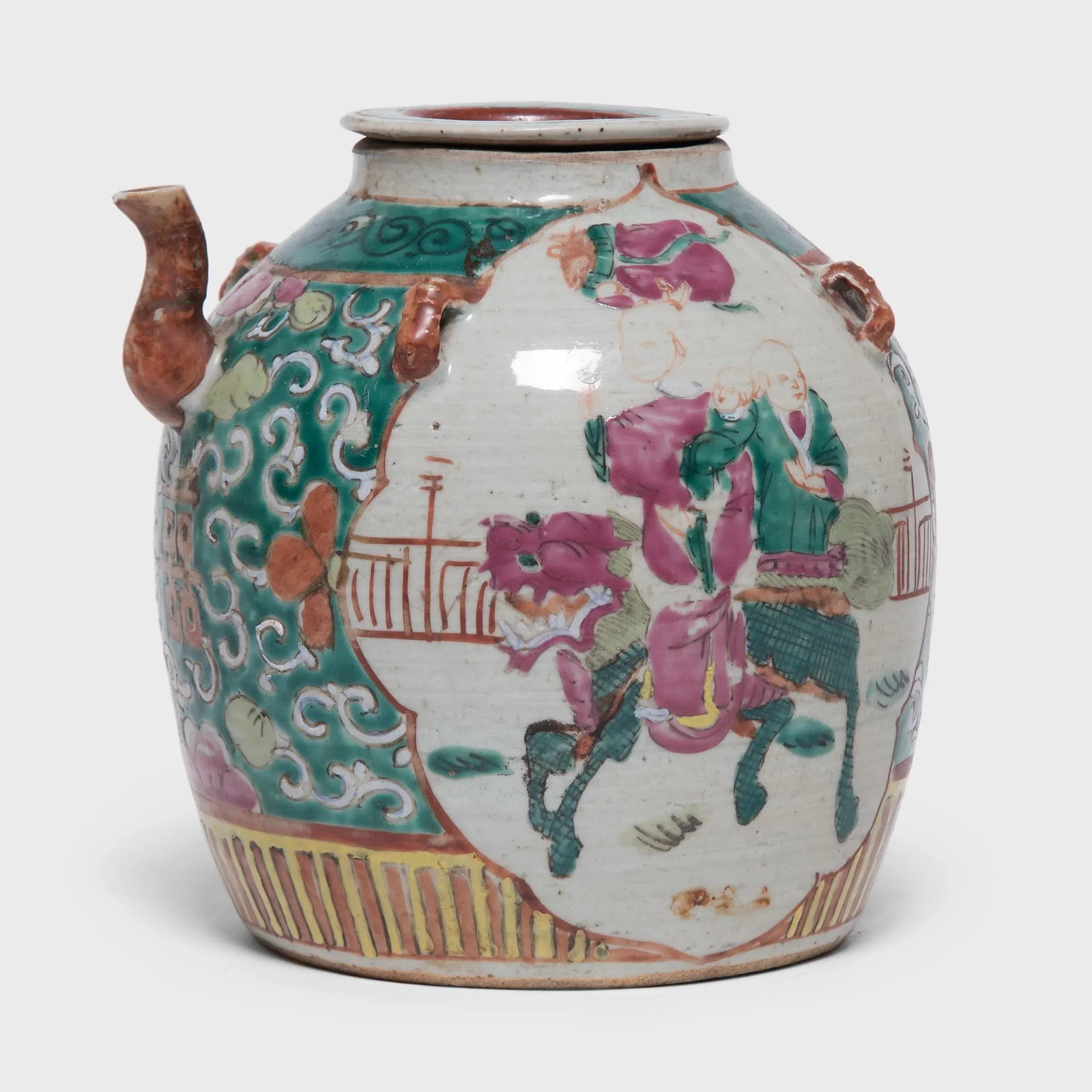 Antique Chinese Enamelware Teapot With Mythical Qilin - 11