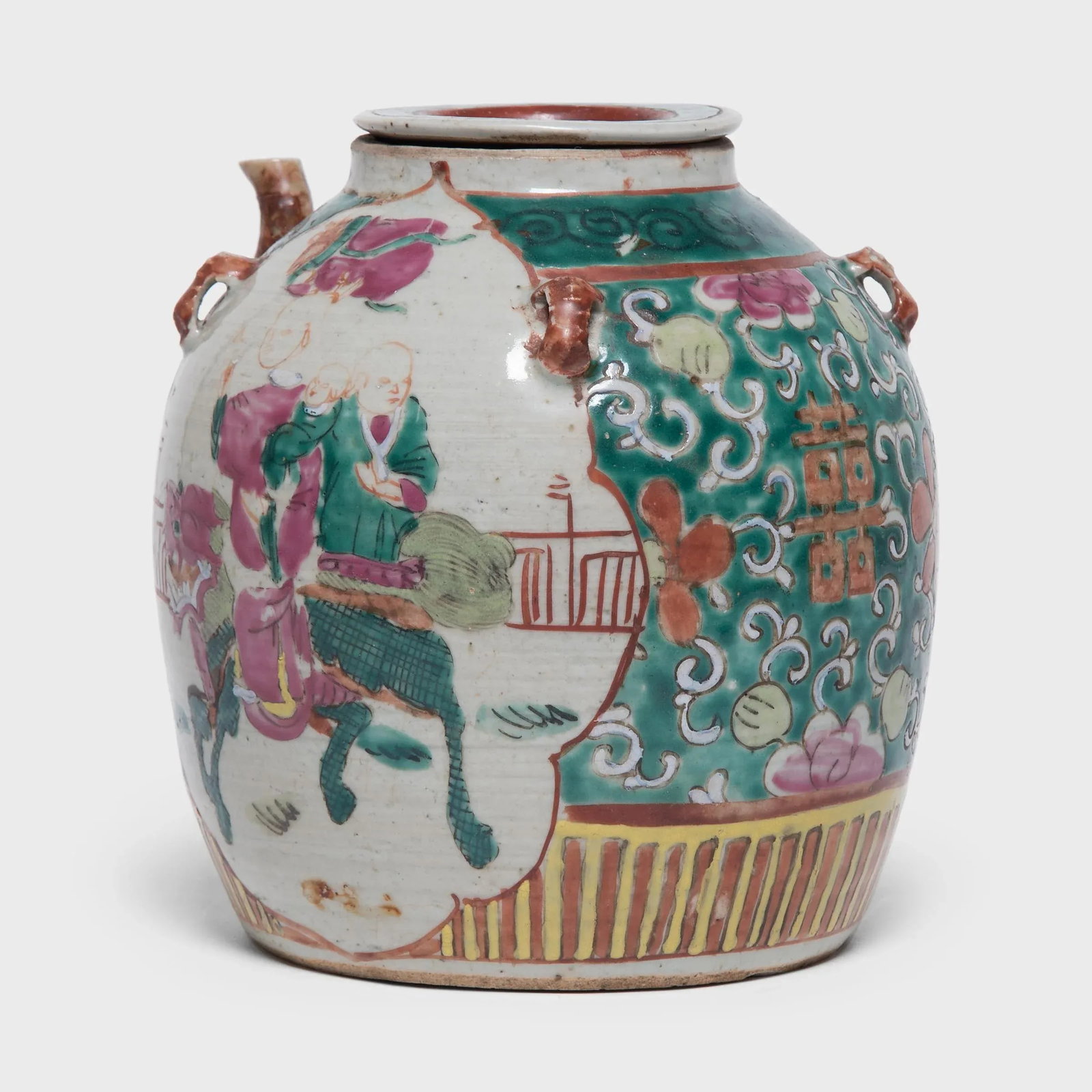 Antique Chinese Enamelware Teapot With Mythical Qilin - 2