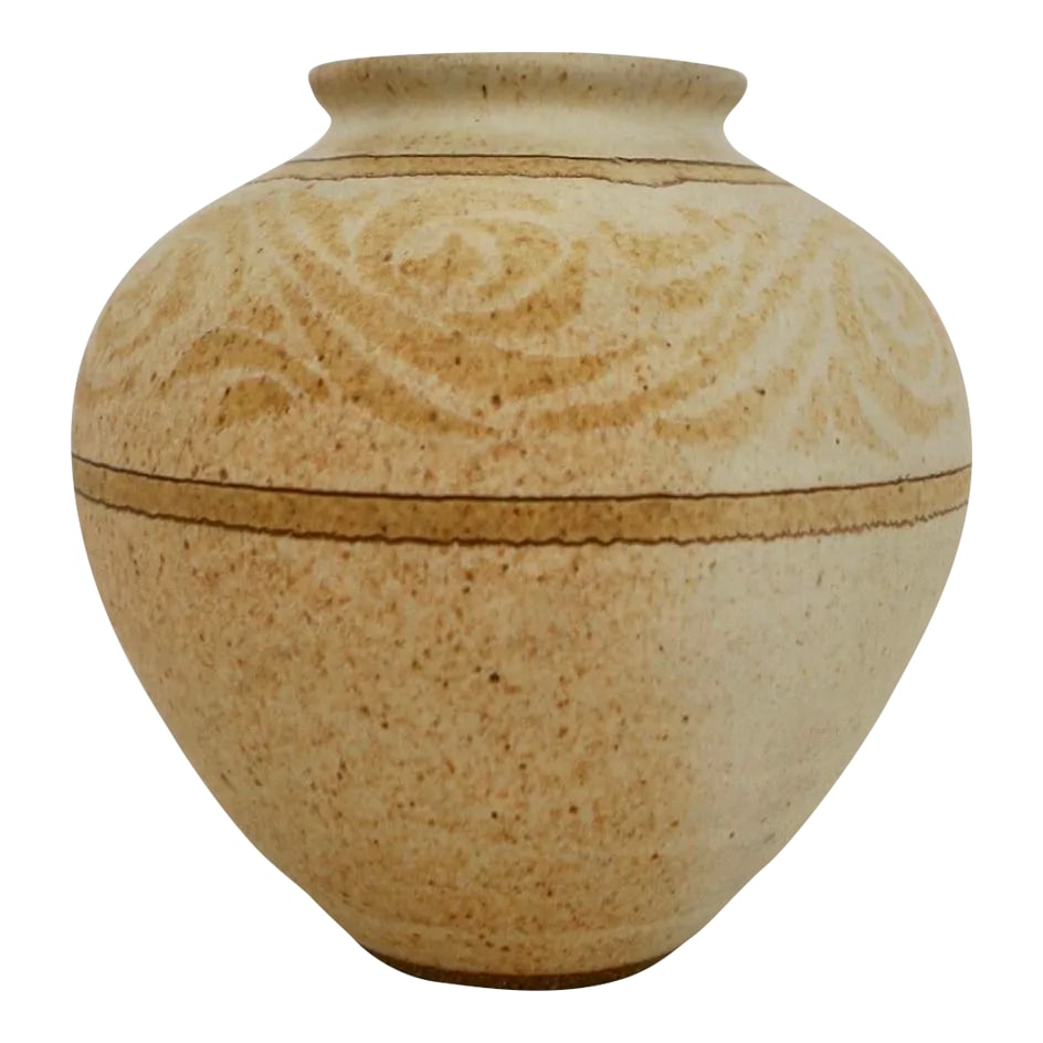 1960's Mid-Century Modern California Pottery Vase: Vintage authentic 1960's California Modern pottery for sale. Signed by Mark Blumenfeld, and an original work made by his studio in Laguna Beach. Beautiful earthy and stone colors, and in incredible