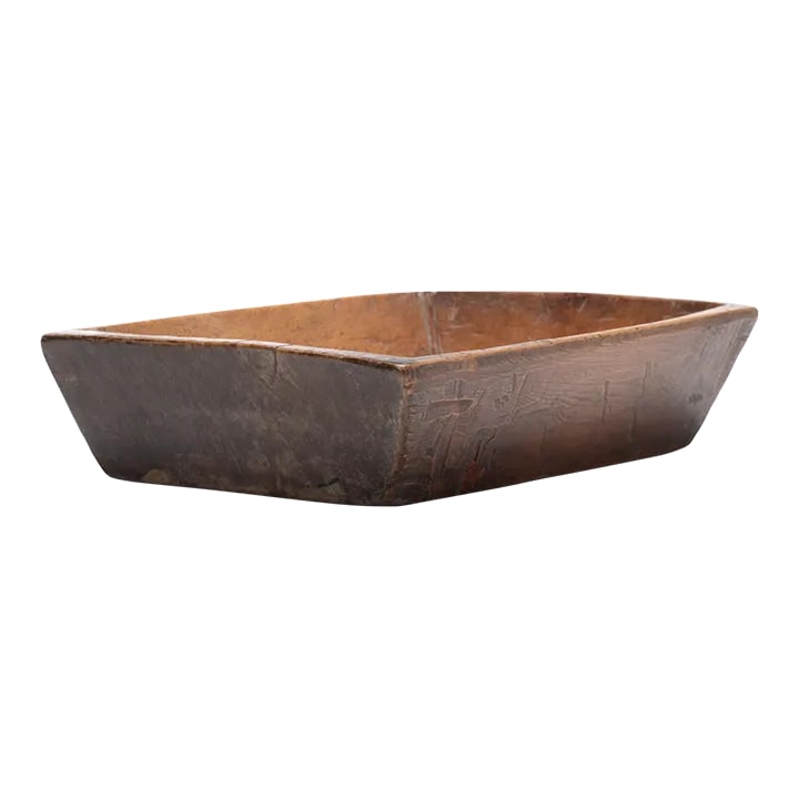 Large Chinese Rustic Wooden Tray, C. 1900: Carved from pine, this hundred-year-old tray made in northern China charms with its rusticity and simple shape. Marked with use and distinguished by the natural grain and knots of wood, the tray