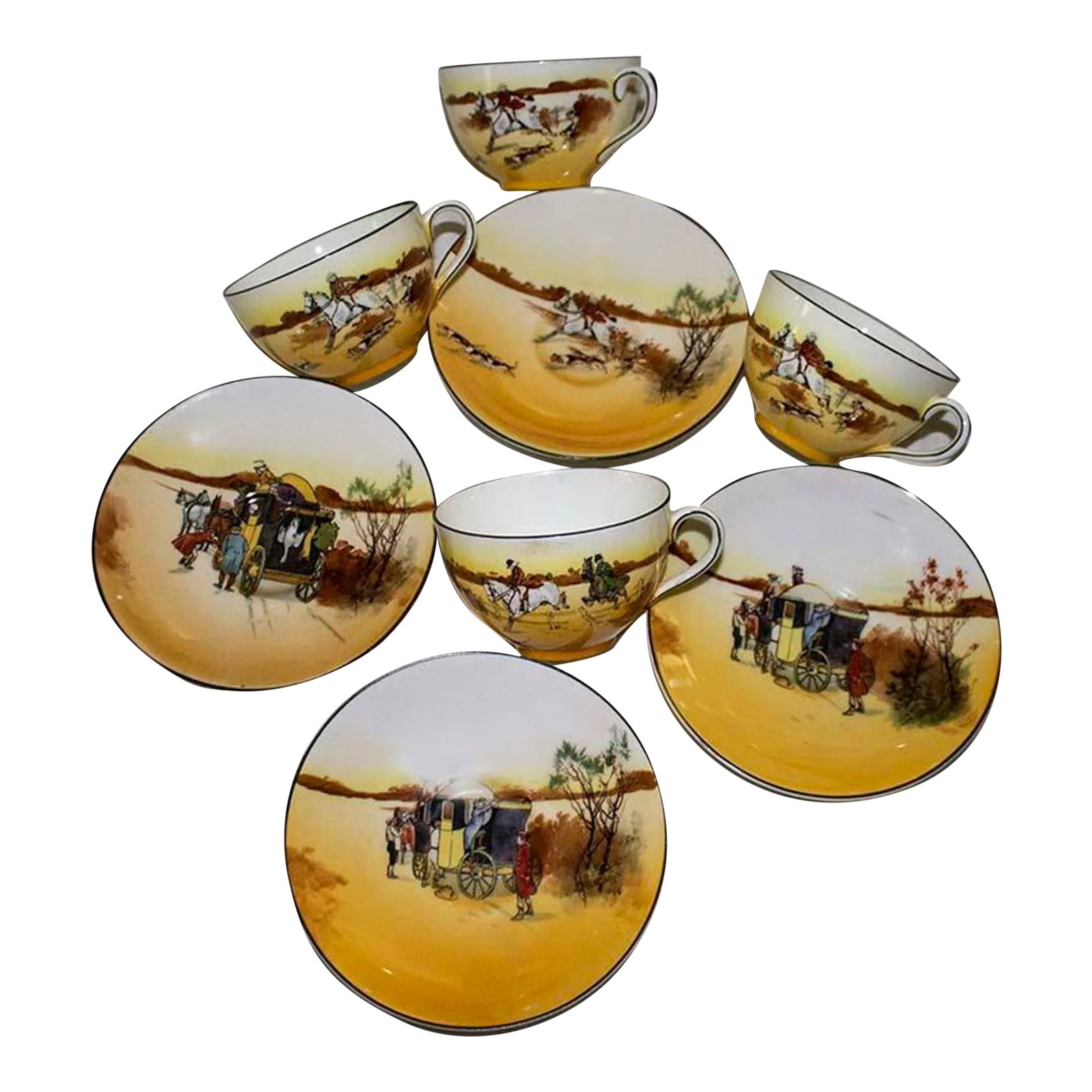 Royal Doulton Coaching Days Cups & Saucers - 4 Sets: Four sets of rare Royal Doulton Coaching Days cups & saucers. For those of you who collect this fine bone china pattern, you will know that RD made many, many different scenes. This set offers 4 cups