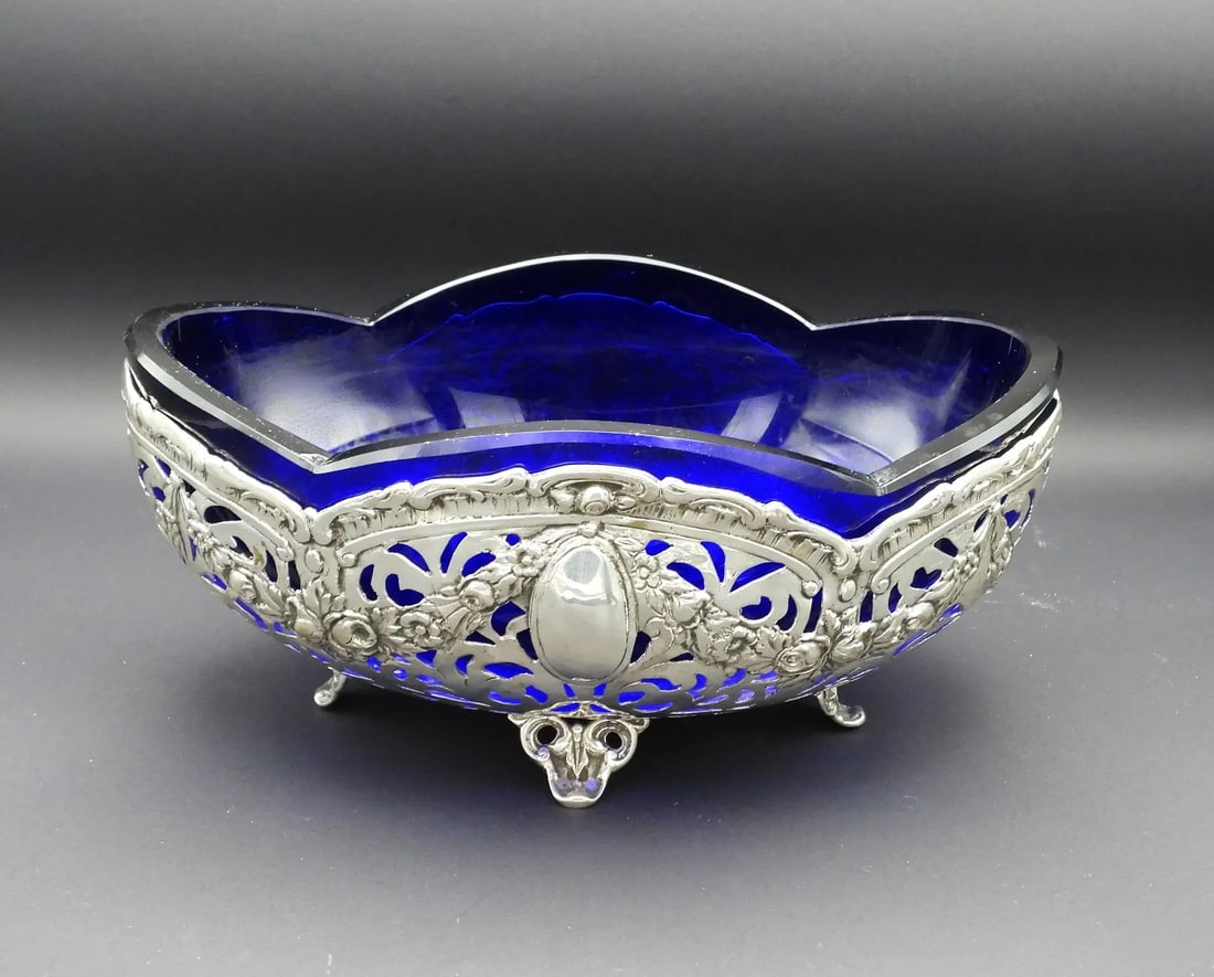 Antique German 800 Fine Silver Rococo Fretwork Cobalt Blue Glass Serving Bowl 1886 - 10
