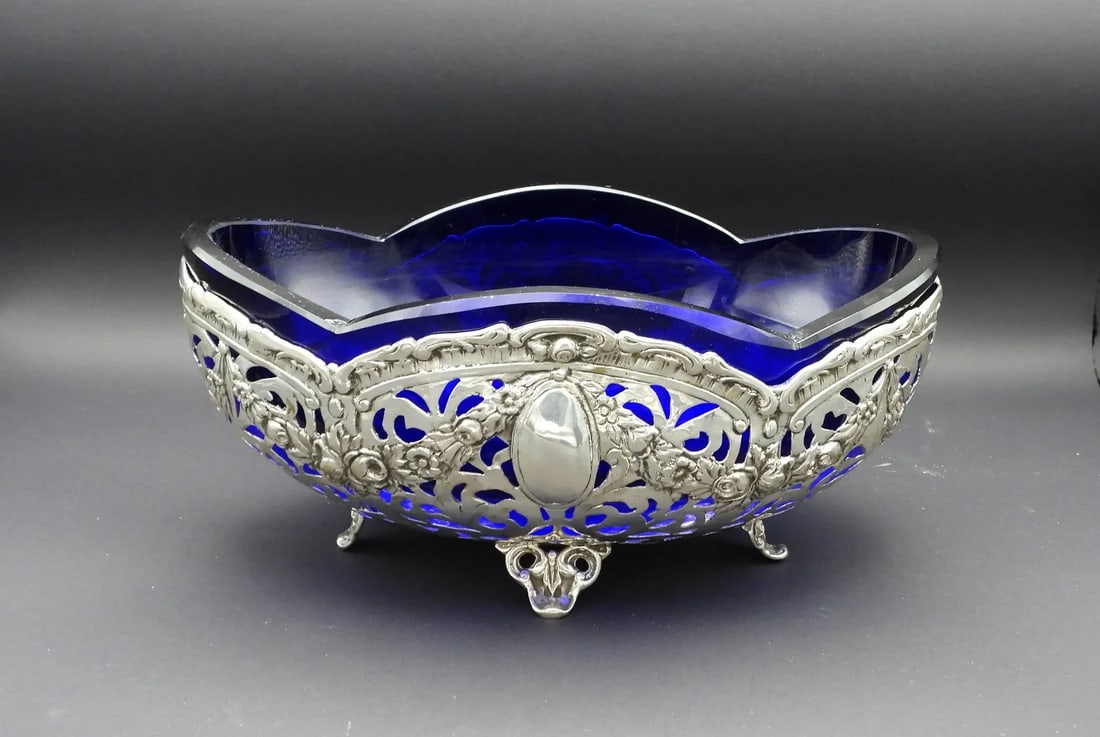 Antique German 800 Fine Silver Rococo Fretwork Cobalt Blue Glass Serving Bowl 1886 - 2