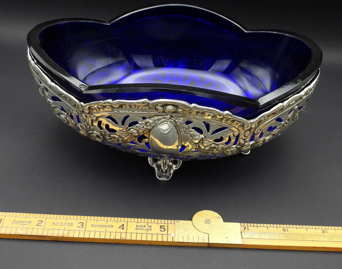 Antique German 800 Fine Silver Rococo Fretwork Cobalt Blue Glass Serving Bowl 1886 - 4