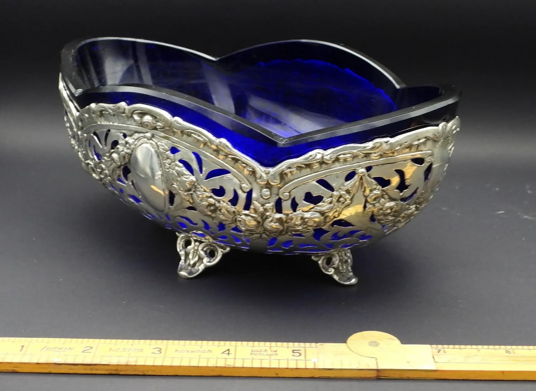 Antique German 800 Fine Silver Rococo Fretwork Cobalt Blue Glass Serving Bowl 1886 - 5
