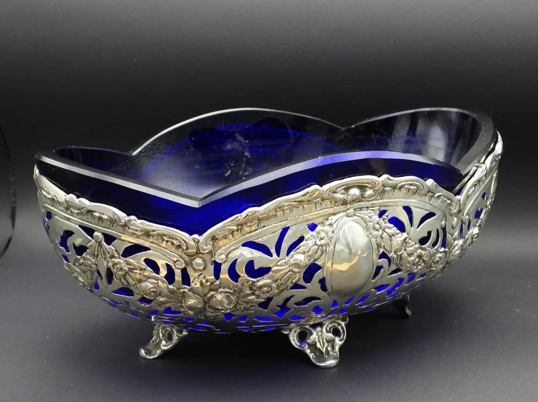 Antique German 800 Fine Silver Rococo Fretwork Cobalt Blue Glass Serving Bowl 1886 - 6