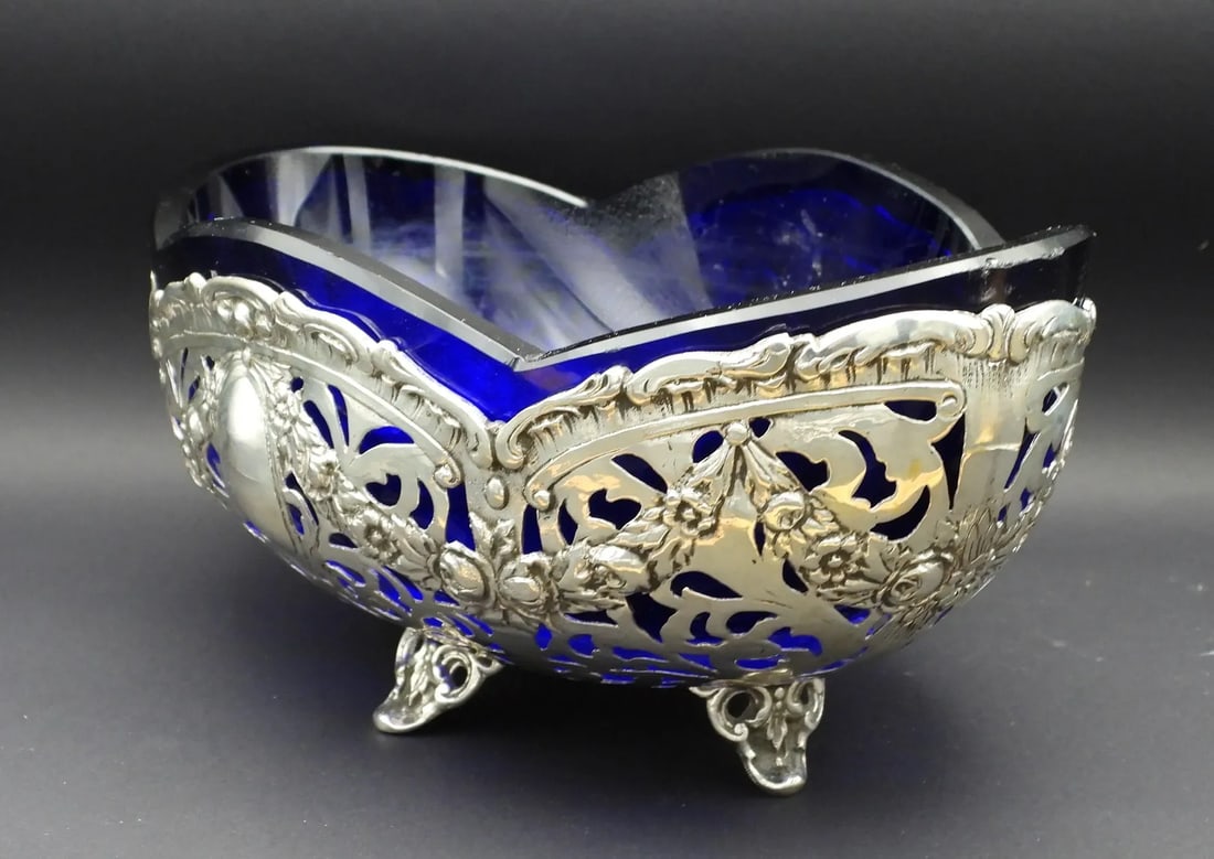 Antique German 800 Fine Silver Rococo Fretwork Cobalt Blue Glass Serving Bowl 1886 - 7