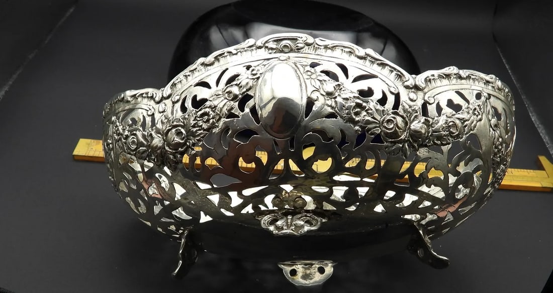 Antique German 800 Fine Silver Rococo Fretwork Cobalt Blue Glass Serving Bowl 1886 - 9