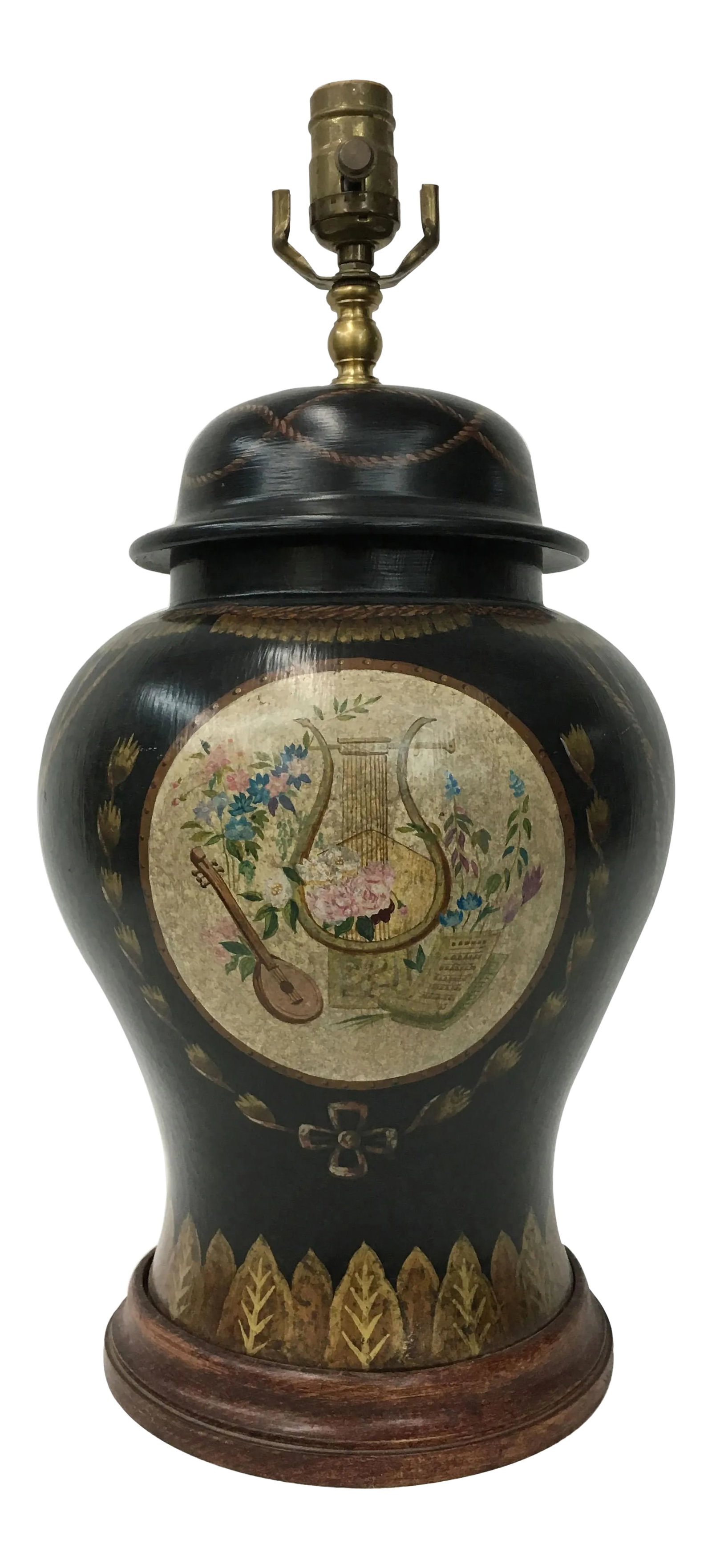 Late 20th Century Black Porcelain Temple Jar Lamp: This is a lamp that imitates ancient Chinese porcelain pots. The picture and lines of the lamp are all hand-painted. In a circle drawn by a gold line, a group of ancient musical instruments and musica