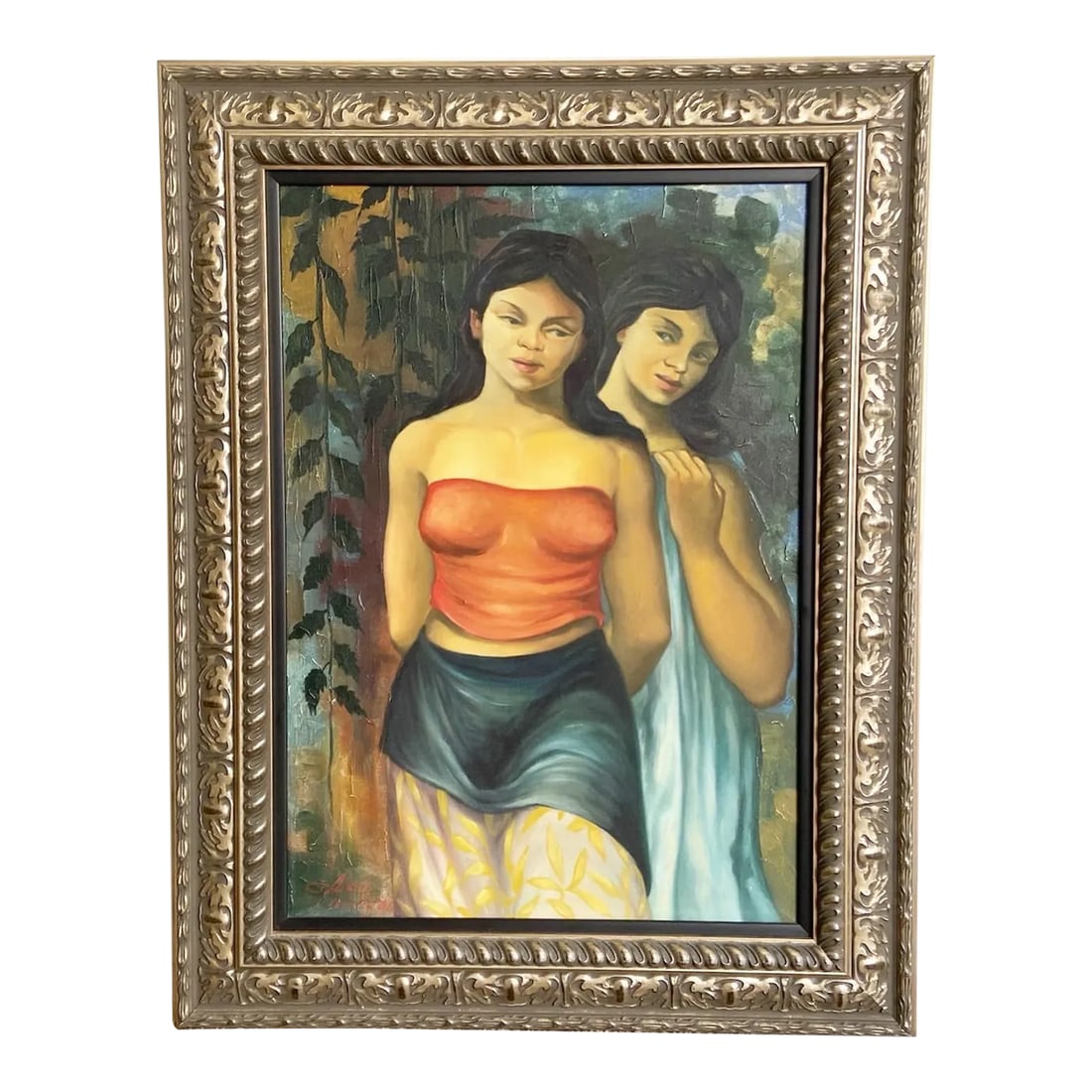 Vintage Signed and Framed Cuban Painting of Two Young Women: Excellent vintage hand painted, signed and framed painting. Subject is of two young women. Condition: Alterations: Original Condition Unaltered Imperfections: Some Imperfections Condition Notes: All i