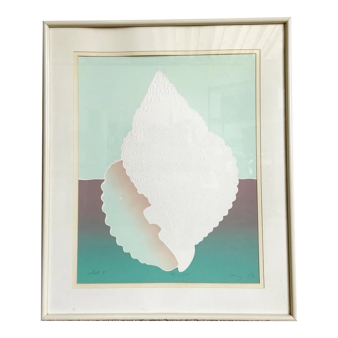 Postmodern Signed and Framed Lithograph Titled "Shell": Excellent vintage postmodern framed and signed lithograph titles "Shell". Displays a brilliant blue and light brown design centering a conch shell. Condition: Alterations: Original Condition Unaltered