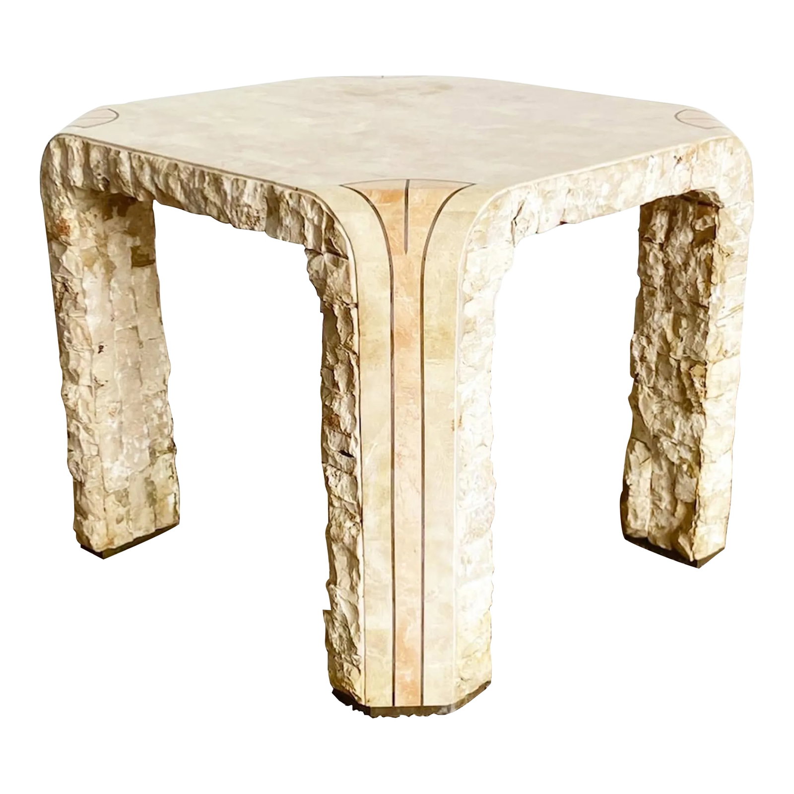 Postmodern Beige and Pink Tessellated Stone Side Table: Wonderful vintage postmodern tessellated stone side table. Features brass inlays on the feet and bordering the pink and beige stone. Condition: Alterations: Original Condition Unaltered