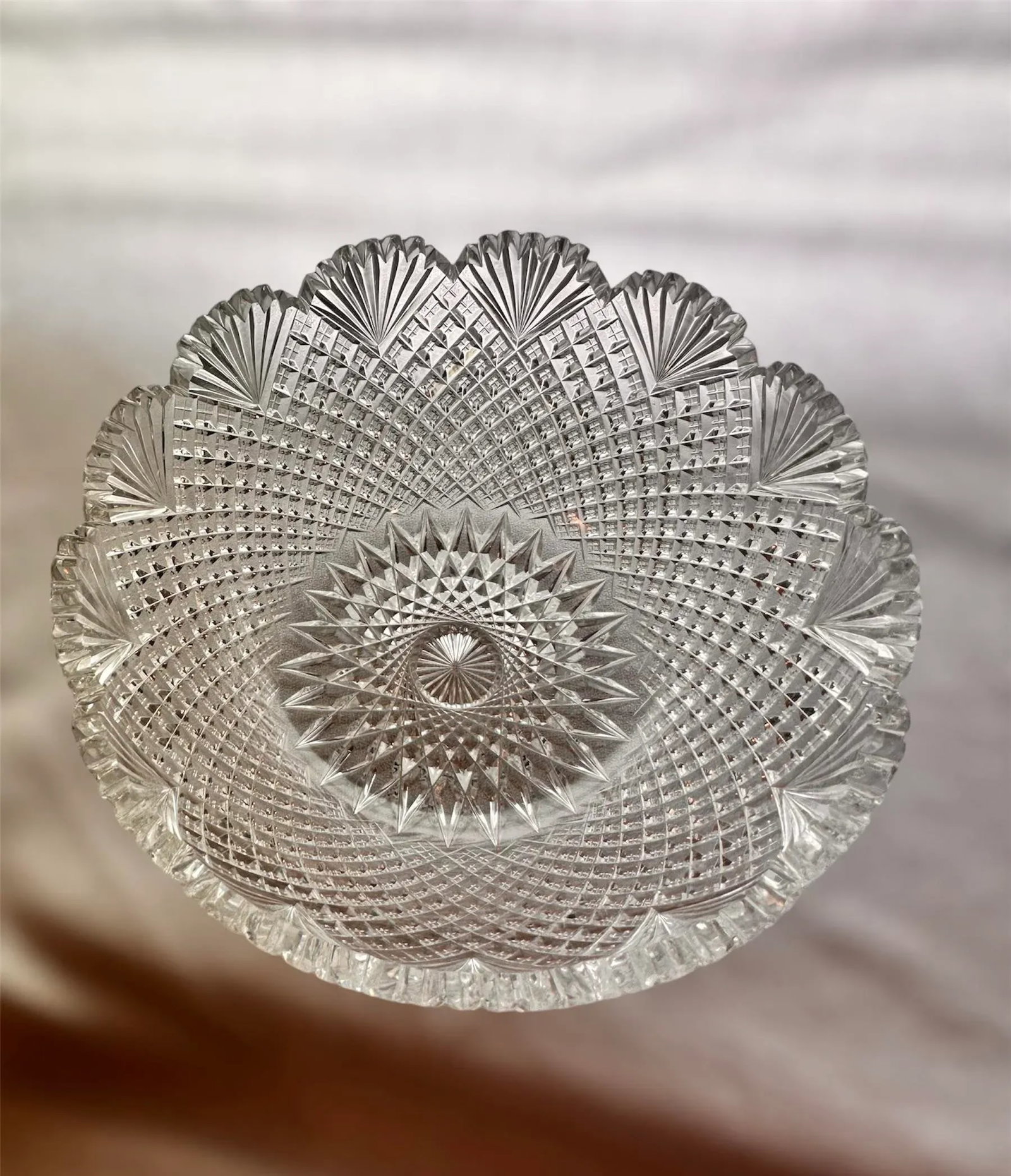 Antique Crystal Serving Bowl American Brilliant Period Early 20th Century Strawberry Diamond Fan - 11