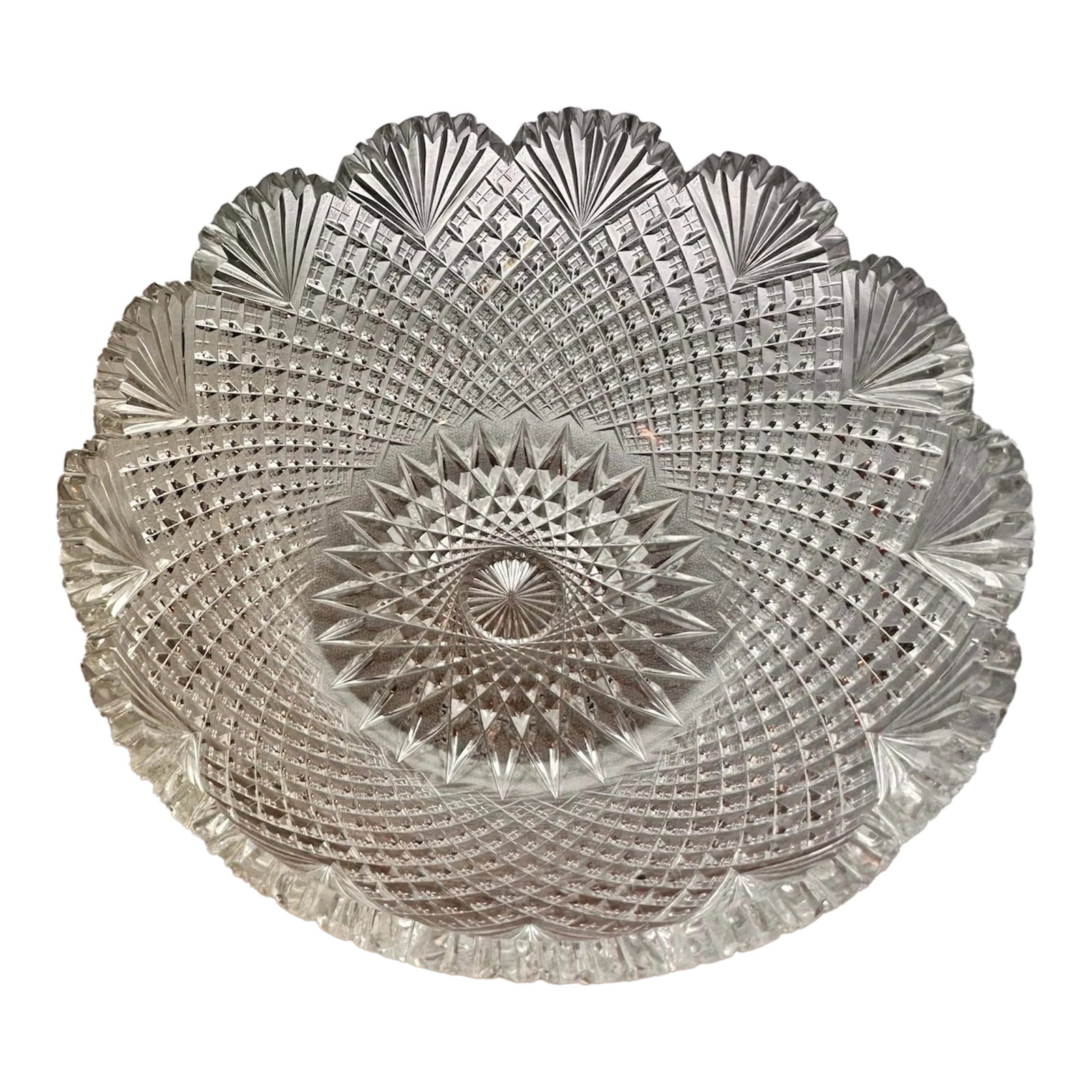 Antique Crystal Serving Bowl American Brilliant Period Early 20th Century Strawberry Diamond Fan: An antique hand cut crystal serving bowl from the American Brilliant Period. Strawberry Diamond and Fan hand-cut design. Scalloped fans around the rim and then completely filled with strawberry