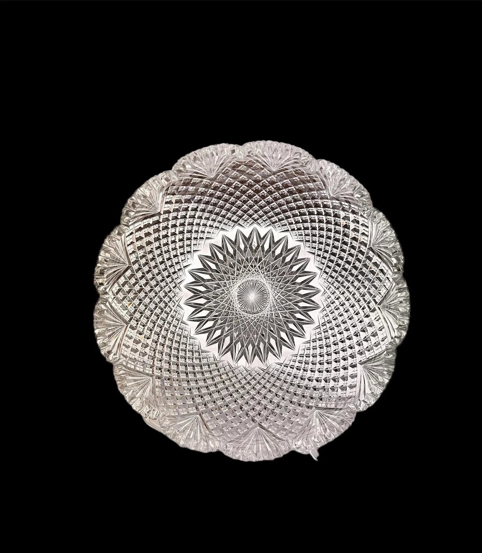 Antique Crystal Serving Bowl American Brilliant Period Early 20th Century Strawberry Diamond Fan - 5