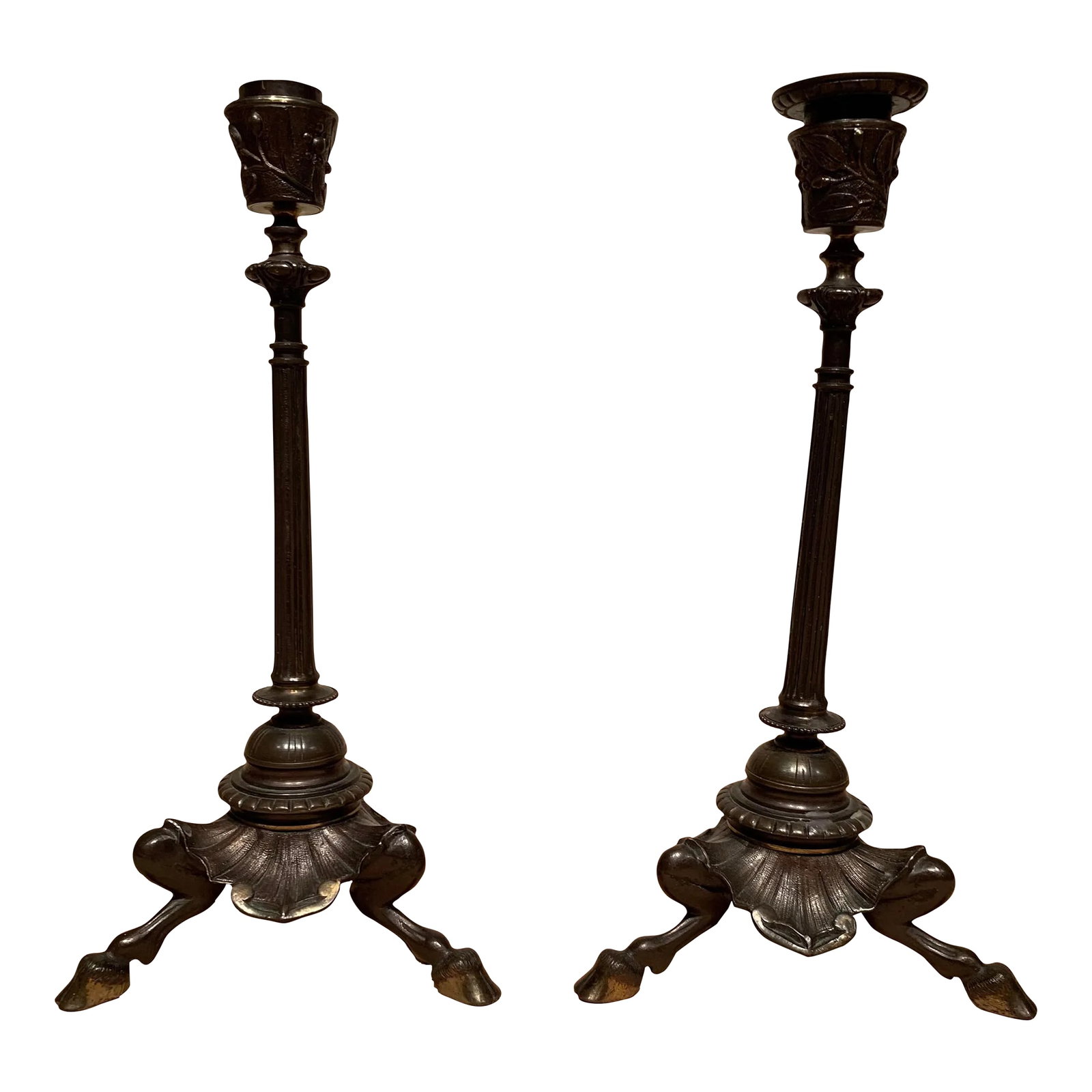 Vintage Brass Candlesticks- a Pair: Vintage Brass Candlesticks of traditional fluted column stem with hoofed feet Condition: Alterations: Original Condition Unaltered Imperfections: Some Imperfections Condition Notes: One bobash