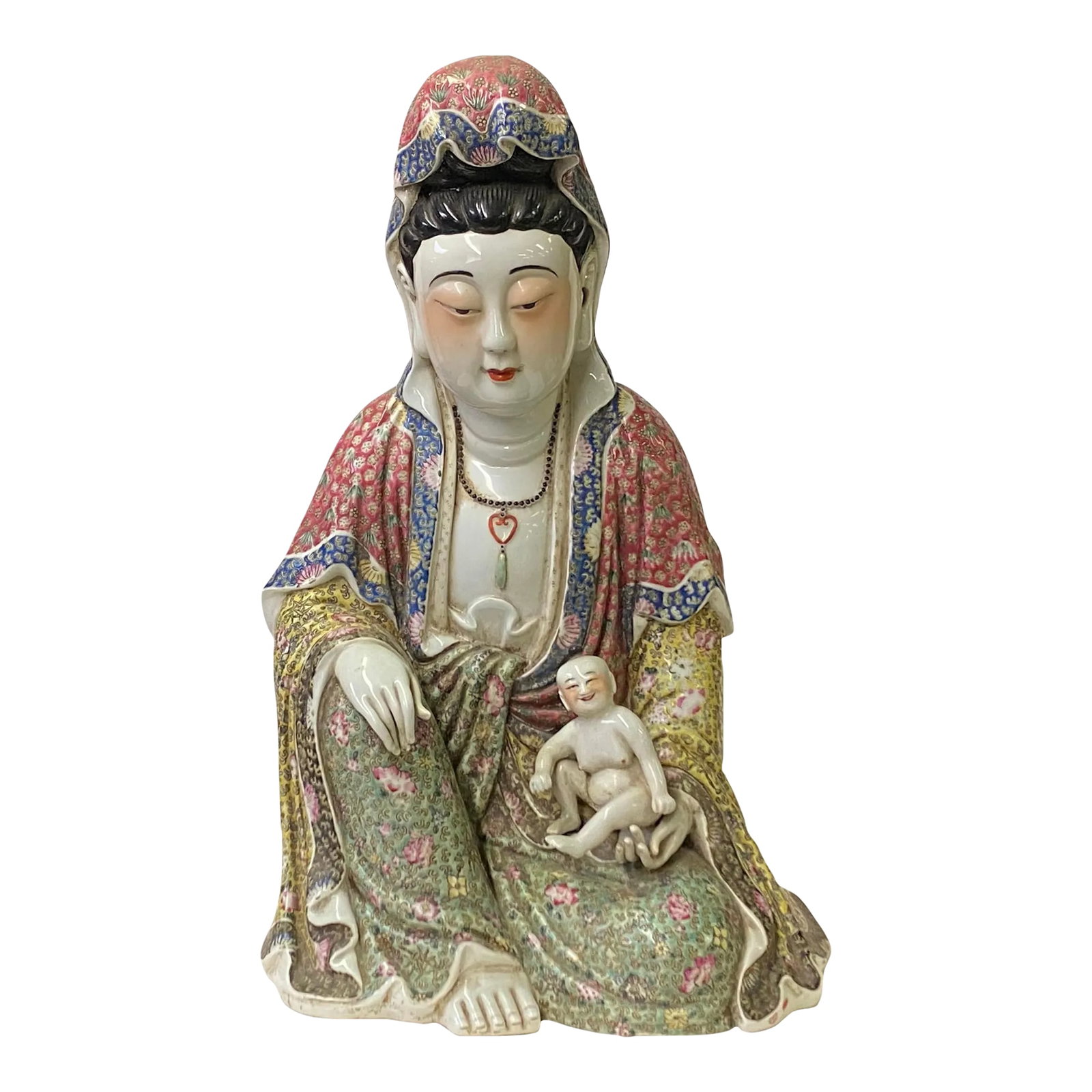 Vintage Chinese Fujian Multi Color Porcelain Kwan Yin W Kid Statue: This is a Songzi Guanyin statue, a bodhisattva of compassion in Chinese Buddhism. It is made of porcelain and is from the Southern China Fujian Canton style. The statue depicts Guanyin holding a