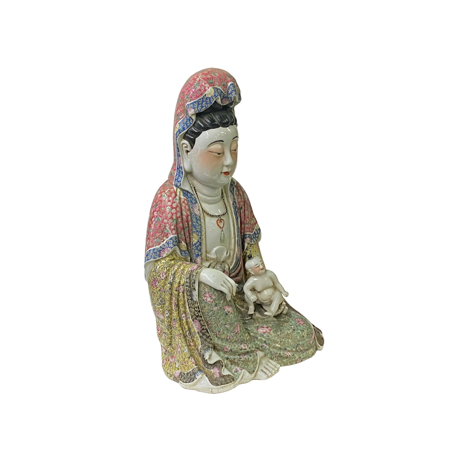 Vintage Chinese Fujian Multi Color Porcelain Kwan Yin W Kid Statue - 4