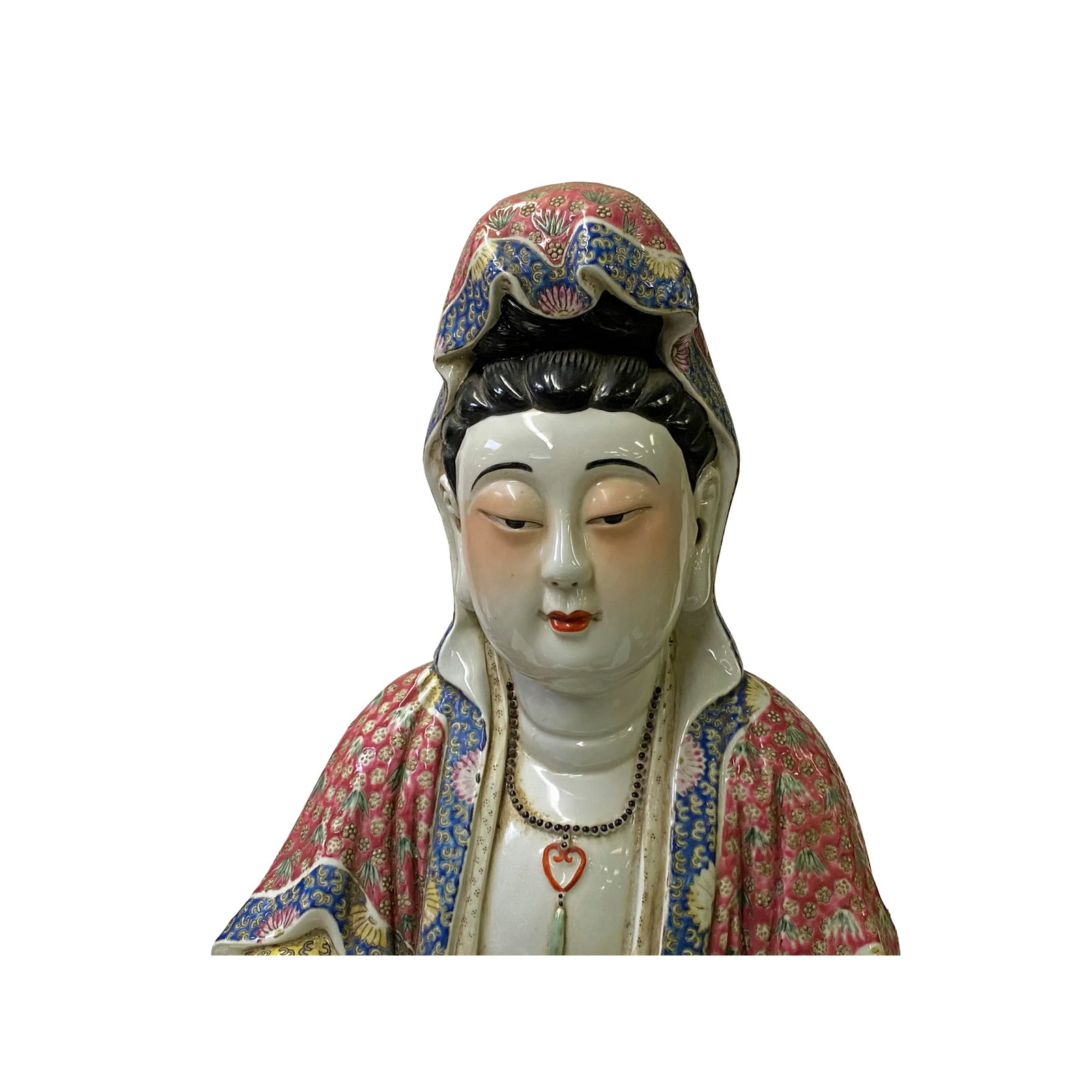 Vintage Chinese Fujian Multi Color Porcelain Kwan Yin W Kid Statue - 7